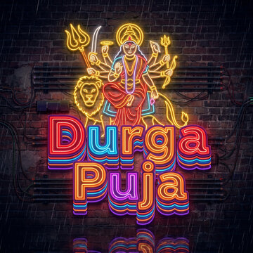 Glowing neon sign of Goddess Durga on a rustic brick wall for Durga Puja
