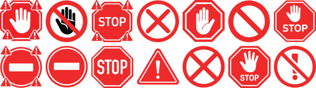 Collection of Red Warning and Prohibition Signs Icons