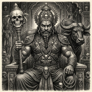 Dark and powerful portrayal of Lord Yama sitting on a throne with his buffalo mount