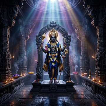 Majestic Lord Vishnu standing in a traditional Hindu temple with divine light rays