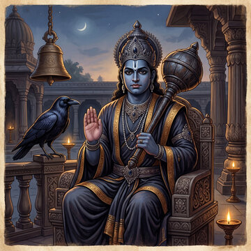 Lord Shani Dev Seated on Throne with Ritual Bell and Crow
