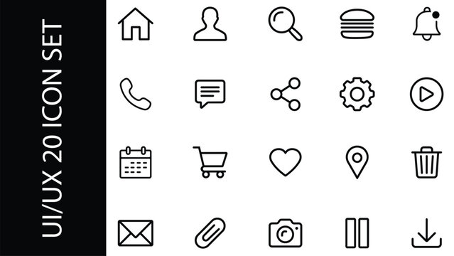minimal black line ui icon set with home user search phone message cart heart location camera and social media symbols