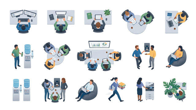 A collection of overhead view illustrations depicts a modern office environment, showcasing various collaborative workspaces, individual workstations, and break areas. CAD Blocks Icon Sheet Vector