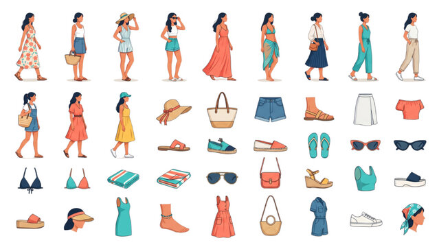 A vibrant collection of summer fashion essentials and stylish outfits, showcasing women's clothing, accessories, and footwear for a chic seasonal wardrobe. CAD Blocks Icon Sheet Vector