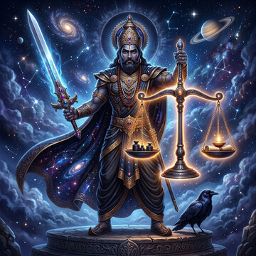 Lord Shani Dev Holding Scales of Justice and Sword
