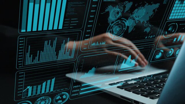 Explore a dynamic business data analytics interface featuring hands on a laptop, showcasing digital graphs and statistics for strategic insights and visualization. Cipher