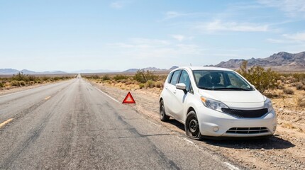 Fototapeta premium Flat Tire Viewed From Outside a Car Stopped on a Desert Highway