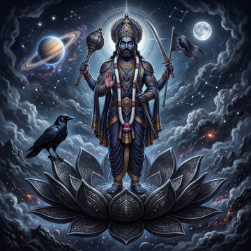 Shani Dev Deity Standing on Lotus with Crow Vahana