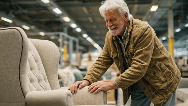 Senior craftsman inspecting furniture. Experienced upholsterer checks quality. Careful work in factory setting. Skilled hands ensure comfort. Mature man at work.