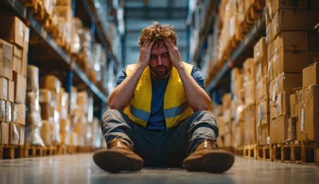 Sad male warehouse worker wearing a high visibility yellow vest sitting on the floor with hands on his head surrounded by shelves filled with cardboard boxes