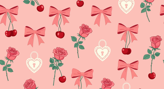 seamless romantic pattern with pink bows red cherries pink roses and heart lockets creating a sweet decorative background.
