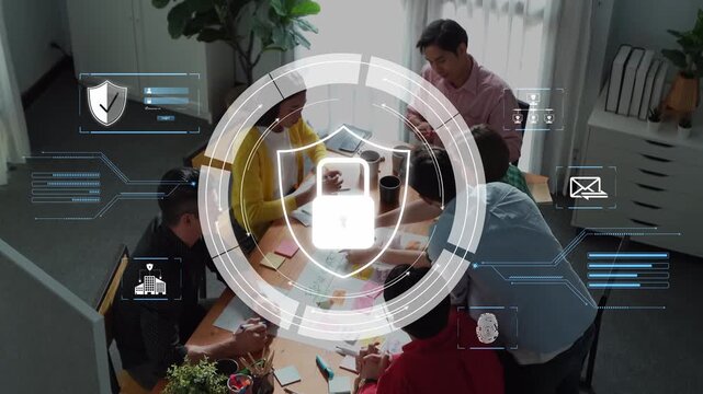 A modern office scene showing a diverse team collaborating on security strategies, complemented by a digital lock symbol that emphasizes data privacy and protection. Raster