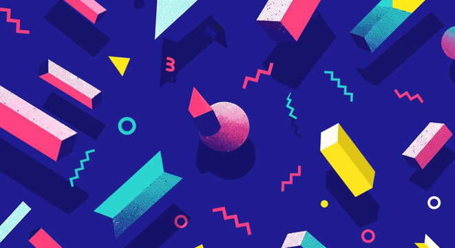 80s retro pattern with abstract geometric shapes and 3d rendered objects