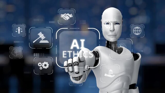 A futuristic robot presenting the concept of AI ethics surrounded by digital icons. This image highlights the relationship between technology and moral standards. Synapse
