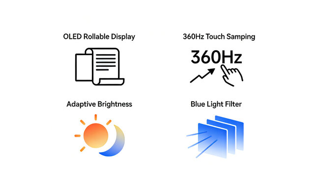 Presenting OLED scroll screens and high touch sampling, representing cutting-edge display technology and foldable screen devices, as well as the concept of smooth gaming experience in esports.
