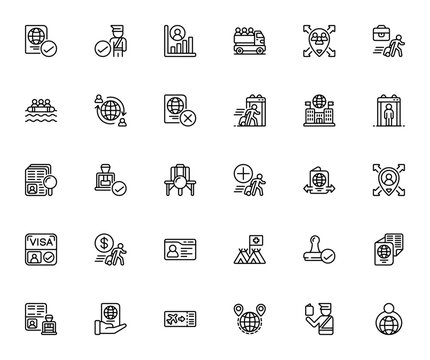 Immigration icon set. Minimal thin line web icons pack. Vector illustration. Featuring passport, visa, security, travel, document, global, embassy, checking and more.