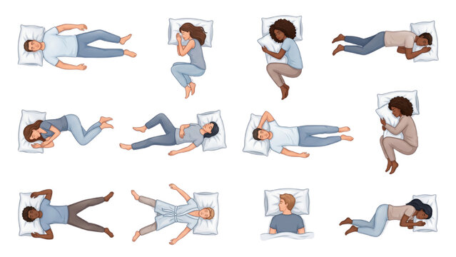 Illustrations of diverse people in various sleeping positions on pillows, showcasing different body postures and relaxation. CAD Blocks Icon Sheet Vector