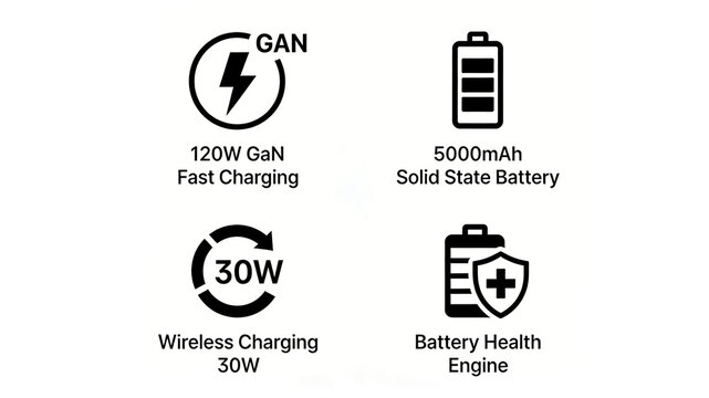 Showcasing 120W gallium nitride fast charging and solid-state batteries, representing flagship endurance technology and efficient charging concepts for heavy use and business travel.

