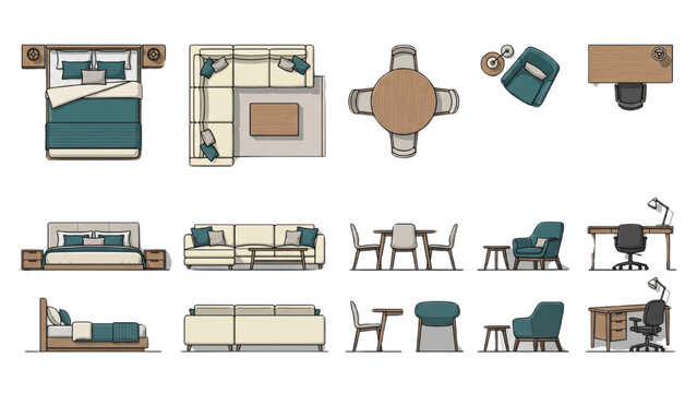 A collection of meticulously illustrated furniture pieces, including beds, sofas, and dining sets, are arranged in various top-down and side views. CAD Blocks Icon Sheet Vector