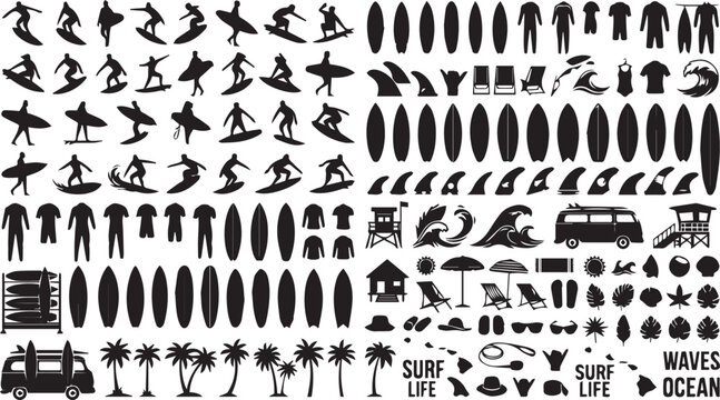 Beach and surf silhouette vector pack: surfers boards coastal elements with surf life water sport palm tree surfing gear design element black and white