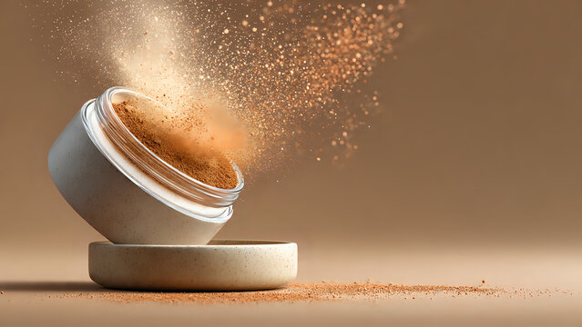 Loose powder cosmetics splashing out of an open jar, creating a soft, elegant cloud of fine particles against a warm, neutral background