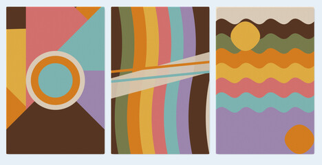 Fototapeta premium Abstract geometric wall art set with colorful shapes and wavy lines in flat vector style