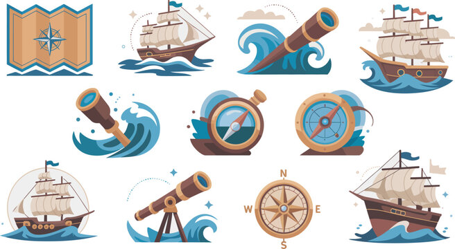 Vintage nautical exploration icon collection with sailing ships, old world maps, compasses, sextants, and navigation instruments, maritime discovery theme, classic vector illustration design pack.