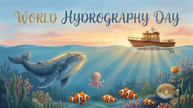 Whimsical Watercolor Style Depicting World Hydrography Day Celebration with Marine Life and Boat