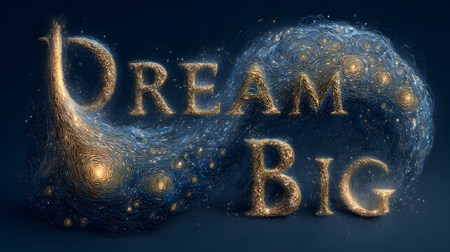 Dream Big golden text with dynamic celestial swirls and sparkling stars, isolated on transparent background, symbolizing boundless ambition and cosmic inspiration.