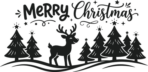 Black silhouette of a reindeer with christmas trees and merry christmas text isolated on white background © firoz