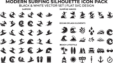 Naklejka premium Modern surfing silhouette icon pack - vector set with black and white palm tree flat design silhouette illustration activity surfboard vacation