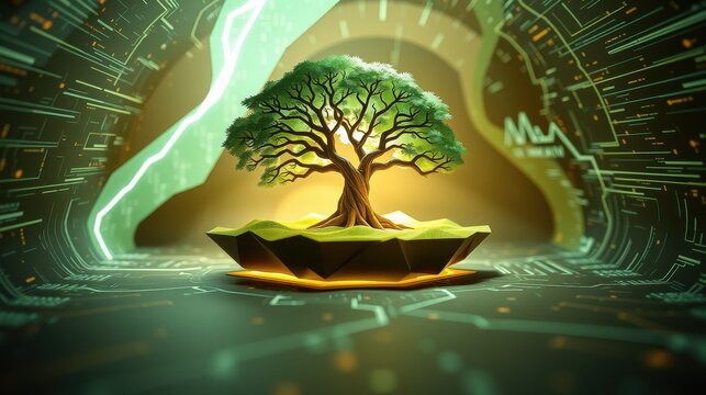 Futuristic scene depicts tree growing from polygonal platform. Bright lines create tunnel effect, glowing green hues dominate composition.