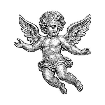 Vintage cherub angel illustration with outstretched wings hand drawn illustration decorative engraved isolated background detailed traditional mythology religious spiritual sculpture