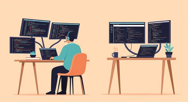 Two programmers work at desks with multiple screens