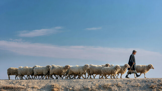 Herder sheep flock walking rural landscape blue sky peaceful outdoor agriculture