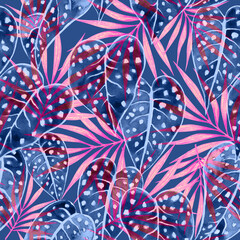 Purple jungle foliage seamless tropical pattern on blue background © AineGing