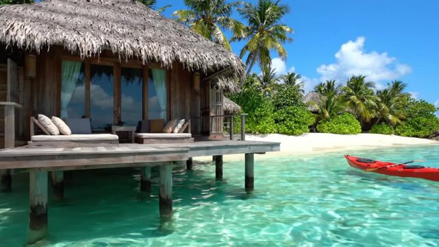 Tropical overwater bungalow with thatched roof and wooden dock in turquoise ocean with red kayak island paradise resort luxury vacation island paradise resort luxury vacation