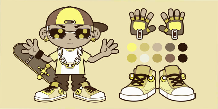 Cartoon Character Design Sheet With Skateboarding Accessories Vector Illustration