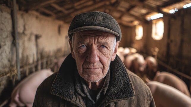 Old Farmers Wisdom Portrait in Pigsty with Lifelong Farm Heritage.