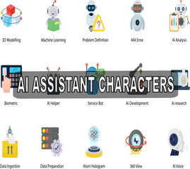 Fototapeta premium A collection of AI assistant characters, featuring distinct appearances and expressions, symbolizing various technological roles.