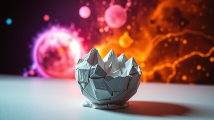 Obraz premium Origami sculpture sits before vibrant cosmic background. Light, shadow create dramatic effect. Modern art piece, minimalist design.