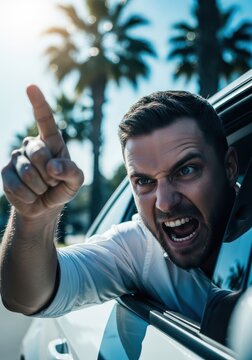 Angry Man Shouting and Pointing Finger Out of Car Window During Road Rage Incident in Sunny Weather