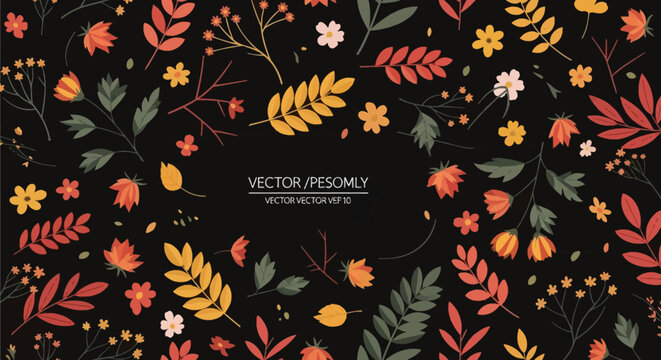 Flat vector autumn floral composition featuring colorful fall leaves, orange flowers, botanical sprigs, and foliage scattered on a solid black background for seasonal design.