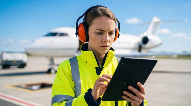 Young female aviation technician in a high-visibility jacket using a tablet near a private jet