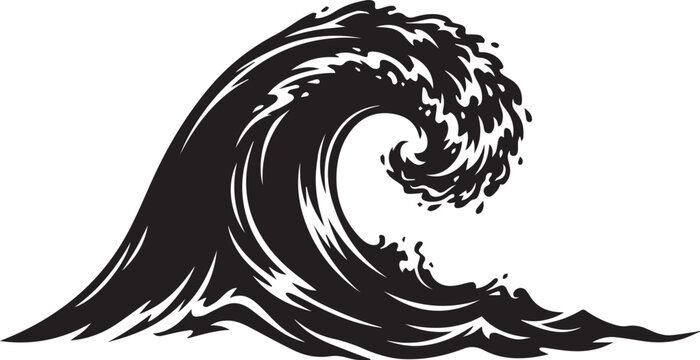 Large stylized black and white ocean wave vector illustration with crashing foam, graphic captures the energy of the sea in a bold, artistic style