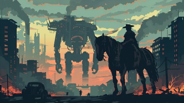 post-apocalyptic scene with horse and giant robot