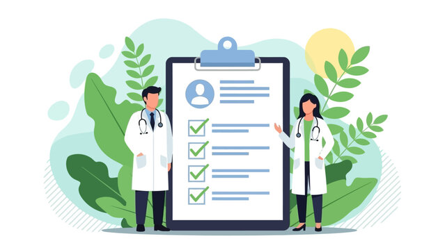 doctors review patient checklist on clipboard with green checkmarks medical team