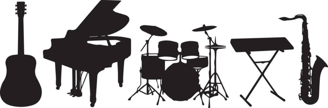 Collection of musical instrument silhouettes with musical instruments drum set black and white audio equipment silhouettes keyboard saxophone