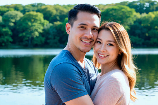 Portrait of young adult couple embracing and smiling at camera by lakeside, expressing relationship trust and togetherness. Ideal for dating, family lifestyle, or couples therapy marketing