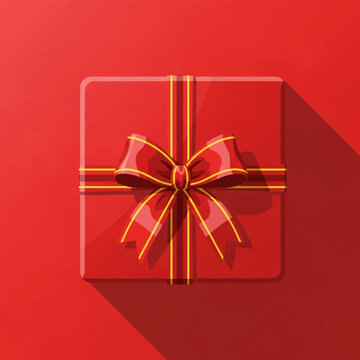 Top view vector illustration of a red square gift box wrapped with a red and yellow striped ribbon and bow, featuring a long diagonal shadow on a solid red background.